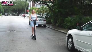 golden-haired Legal age teenager Cutie Nude on an Electric Scooter