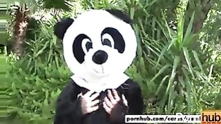 Sexy girl in the Panda costume is fucking her neighbor in the garden - Public Sex