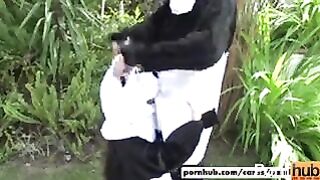 Public Sex: Sexy gal in the Panda costume is pumping her neighbour in the garden