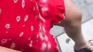 Public blowjob from a blonde in a red dress - Outdoors