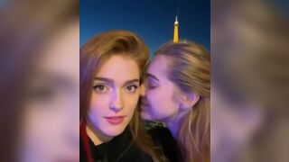 Jia Lissa and her friend French kiss in front of the Eiffel Tower - Girls Kissing
