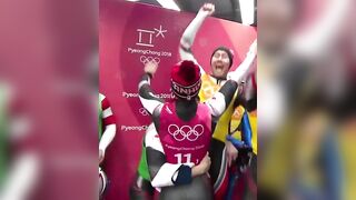Olympic Games: Alex Gough celebrating winning silver in luge team relay.