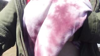 Pumping/Nudity Outdoors: Large breasts by the ocean ??