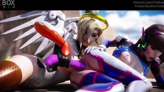 Mercy bringing D.Va to orgasm with a dildo - Overwatch