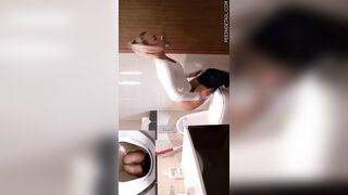 dual view of pretty golden-haired sitting on the toilet peeing