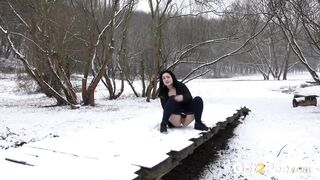 Pee: European black haired gal melting the snow with her warm pee